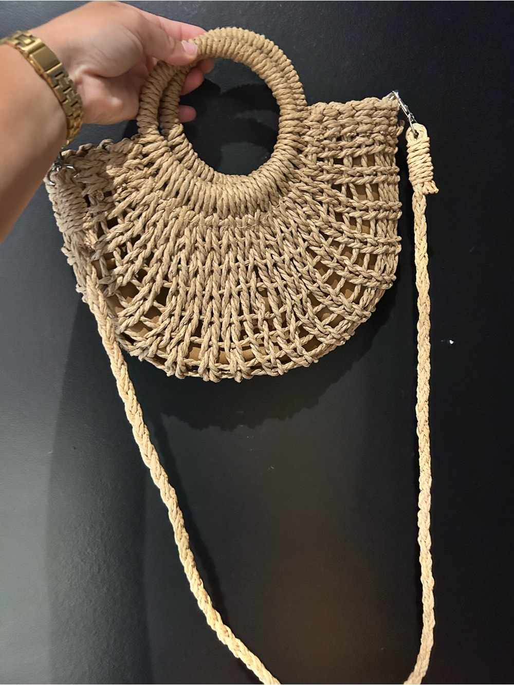 Woven Round Straw Crossbody Bag in Natural Tan